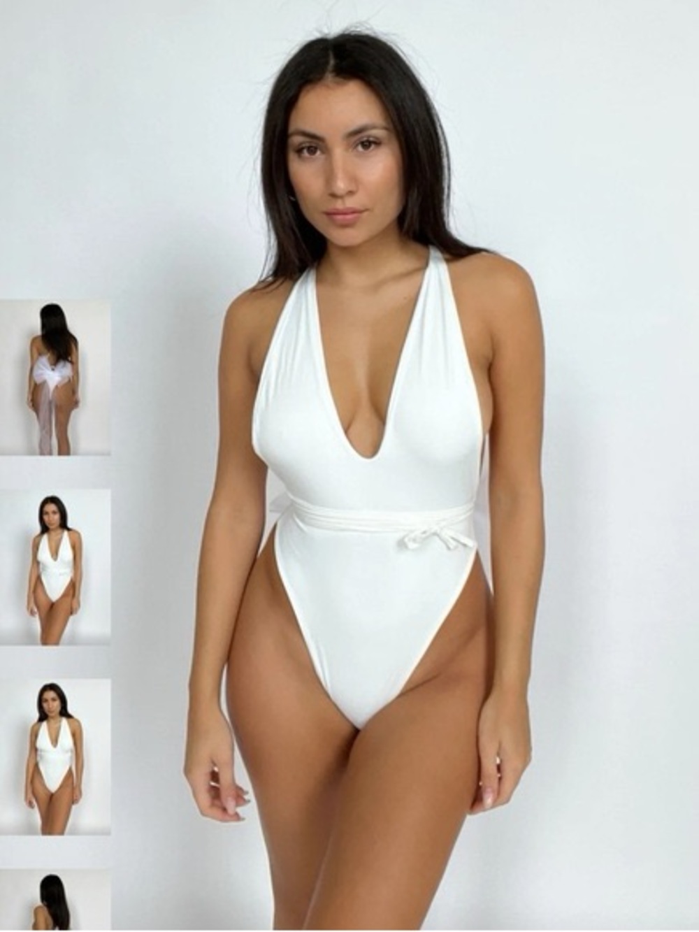 Deep V White One-Piece Swimsuit with Waist Tie
